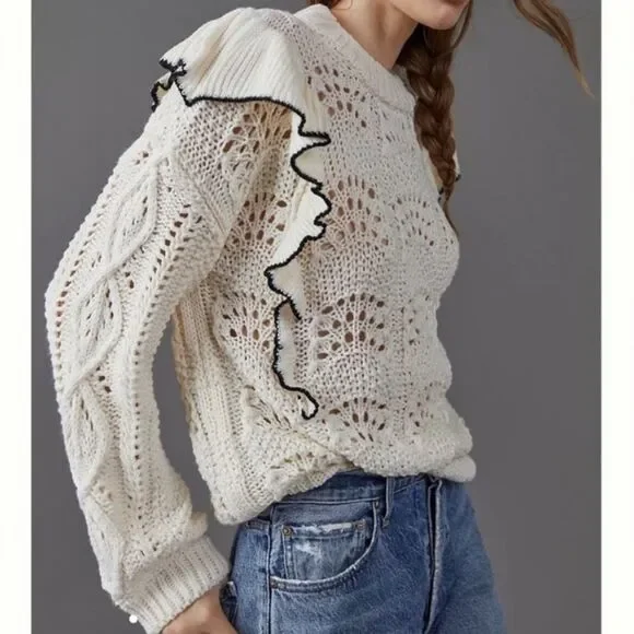 En Saison Anthropologie Dee Ruffled Sweater Cream Balloon Sleeve Pointelle S EUC - Picture 2 of 14
